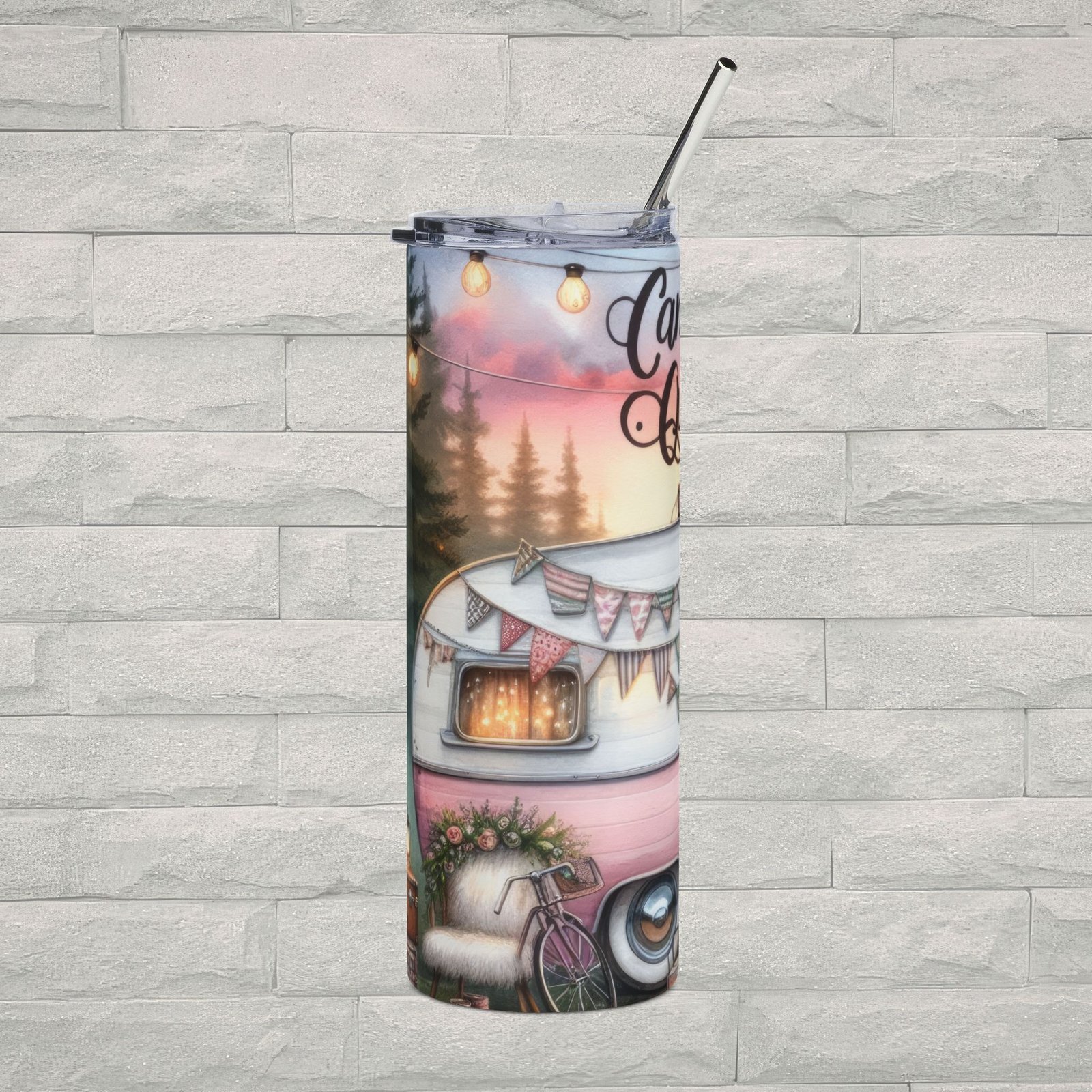 Camping Queen 20oz Stainless Steel Tumbler with Straw | Retro Camper Camping Travel Mug | Cute Outdoor RV Drink Cup - Image 2