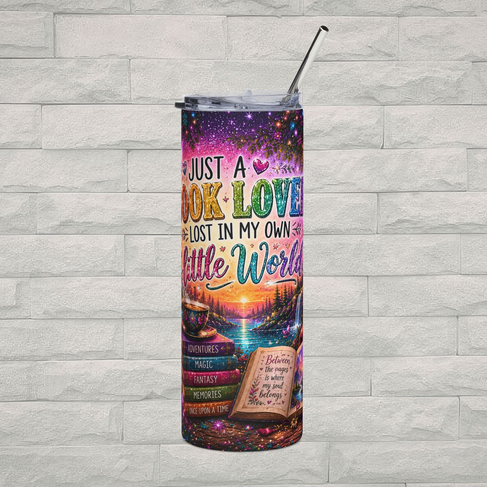 Book Lover 20oz Stainless Steel Tumbler with Straw | “Just a Book Lover Lost in My Own Little World” Reading Cup - Image 1