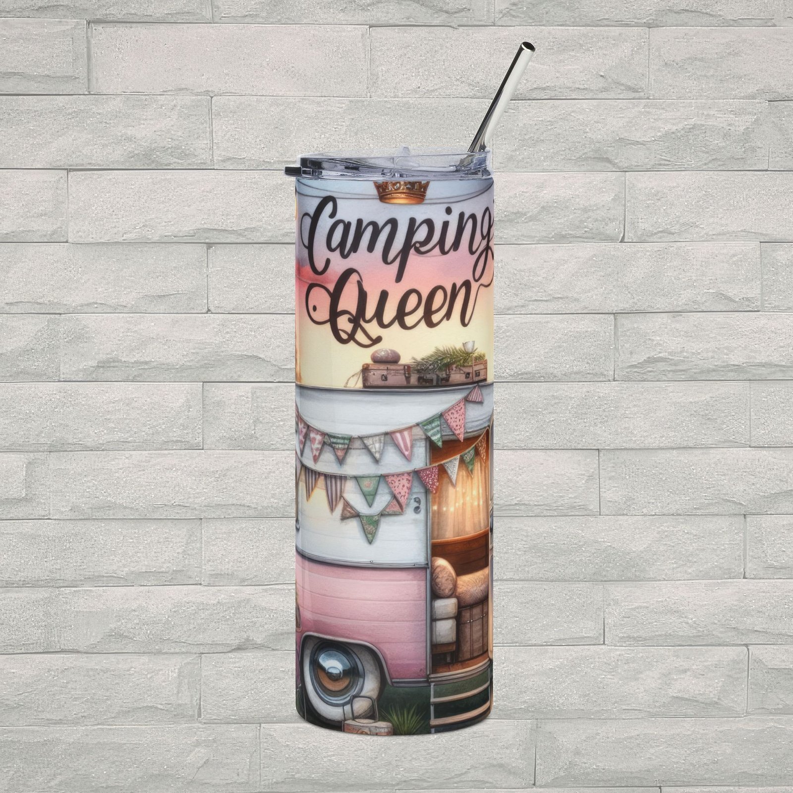 Camping Queen 20oz Stainless Steel Tumbler with Straw | Retro Camper Camping Travel Mug | Cute Outdoor RV Drink Cup - Image 1