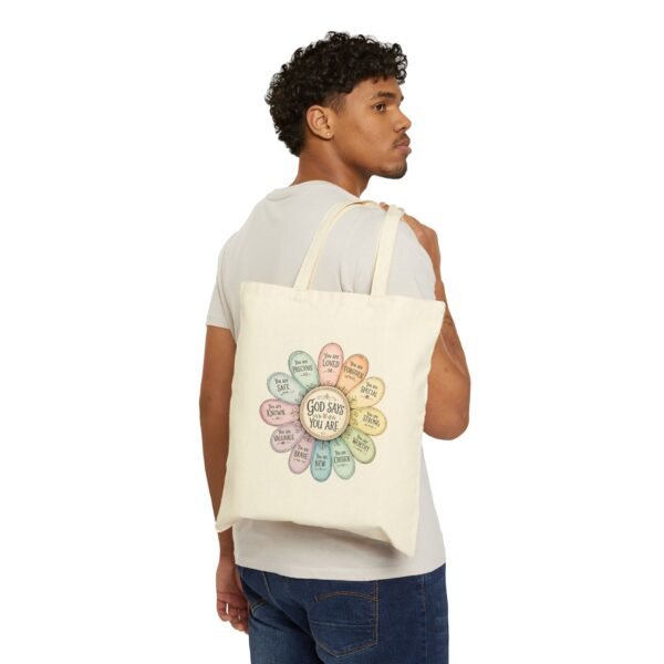 Inspirational Floral Faith Canvas Tote Bag | “God Says You Are” Christian Affirmation Tote for Women | Cute Bible Study & Everyday Carry Bag - Image 4