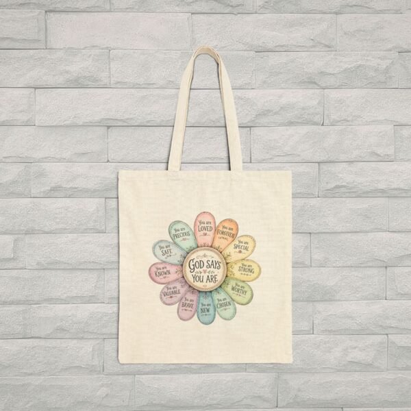 Inspirational Floral Faith Canvas Tote Bag | “God Says You Are” Christian Affirmation Tote for Women | Cute Bible Study & Everyday Carry Bag - Image 2