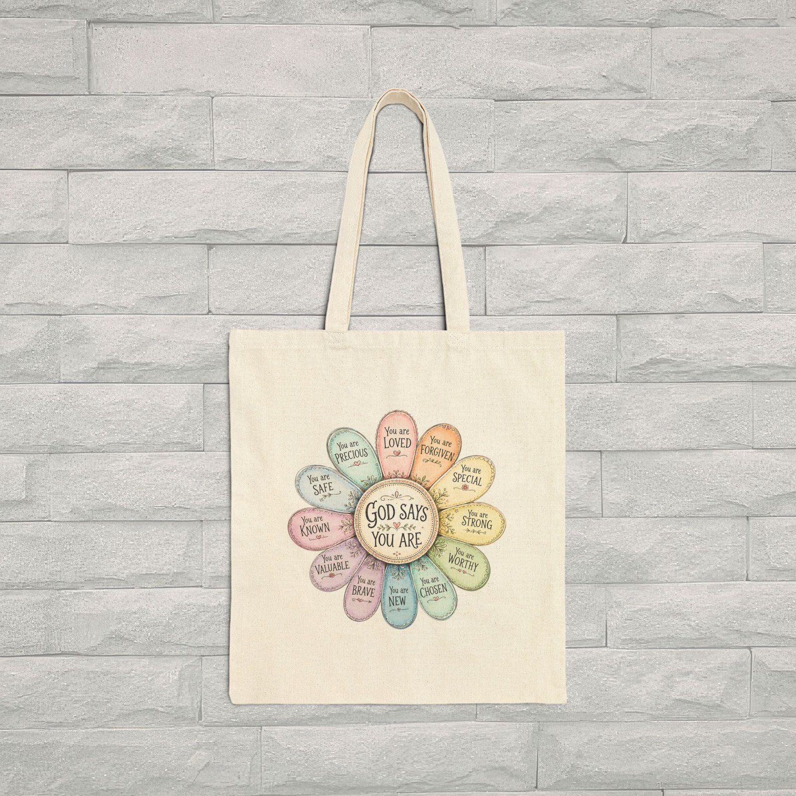 Inspirational Floral Faith Canvas Tote Bag | “God Says You Are” Christian Affirmation Tote for Women | Cute Bible Study & Everyday Carry Bag - Image 2