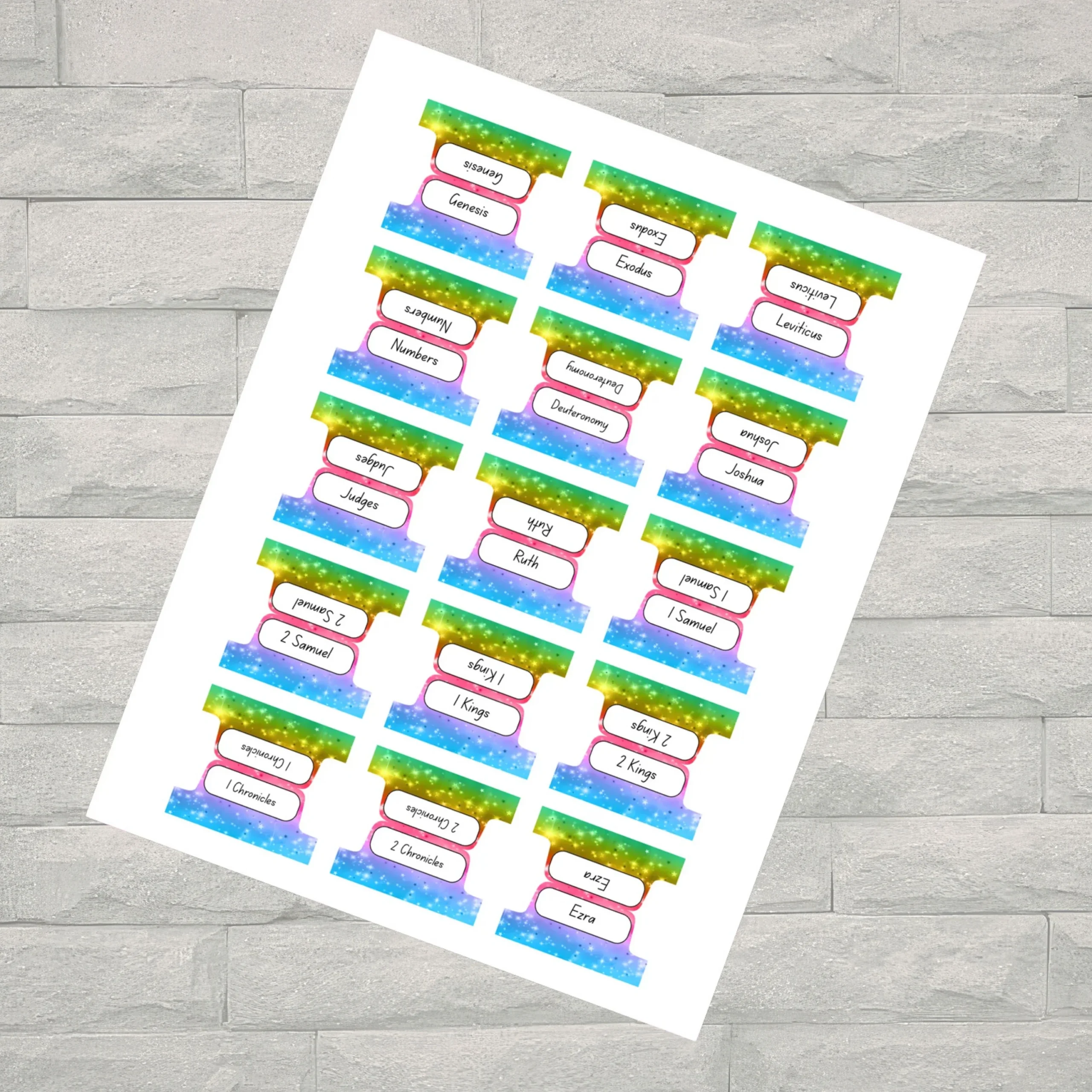 Glitter Rainbow Bible Tabs Printable | 66 Books Bible Index Tabs PDF | Colorful Christian Bible Journaling Tabs | Digital Download - Image 1